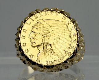 Dollar Indian Head Half Eagle Gold Coin 14k Mens Nugget Ring