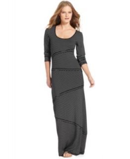 GUESS Dress, Long Sleeve Scoop Neck Striped High Low Maxi   Womens