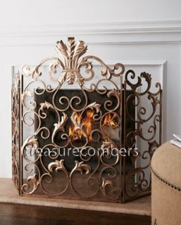 Leaf Fireplace Screen 3 Panel Gold Iron Scrolls Mesh Back