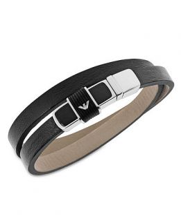 Emporio Armani Mens Bracelet, Stainless Steel Black Leather and