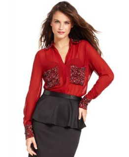 W118 by Walter Baker Top, Long Sleeve Chiffon Sequined Blouse