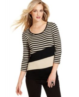 Cable & Gauge Top, Three Quarter Sleeve Colorblock   Womens Tops