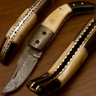 Custom Michelle Johnsons Damascus Folding Knife Real Camel Bone  BK