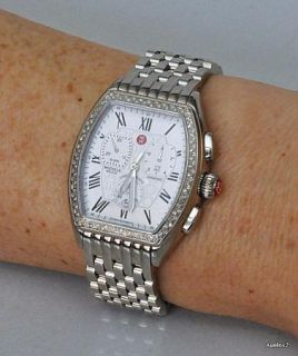 New $1745 Michele Womens Stainless Steel Diamond Chronograph Watch