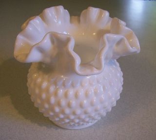 Fenton Milk Glass Hobnail Rose Bowl Bulb 6 Vase Crimped Ruffled
