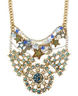 Betsey Johnson Necklace, Multi Tone Glass Star and Moon Bib Necklace