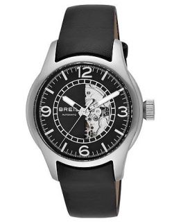 Breil Watch, Mens Automatic Globe Black Leather Strap 42mm TW0777