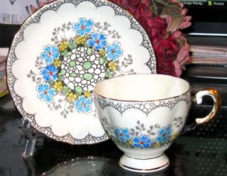 Tuscan Blue Blossom Painted Beaded Tea Cup and Saucer