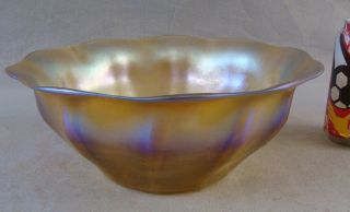 Antique L C Tiffany Favrile Iridescent Large Art Glass Fluted Rim Bowl
