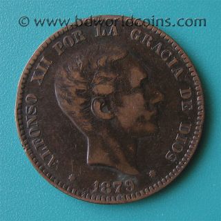 SPAIN 1879 OM 10 CENTIMOS 8 POINTED STAR / ALFONSO XII 30mm BRONZE KM
