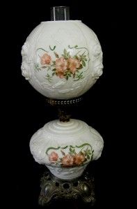 Old 3 PC White Glass Table Lamp w Pink Green Handpainted Flowers Works