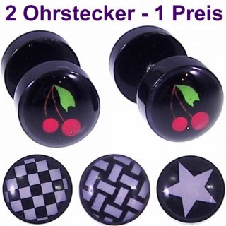 2x 8mm Ohrstecker Ohrringe Schwarz Kirsche Stern Karo Fake Plug Acryl