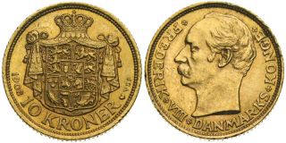 B772 Dänemark 10 Kroner 1908 Frederik VIII. GOLD