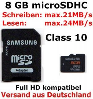 8GB MicroSD Class 10 Speicherkarte Micro SDHC + SD Adapter bis 21MB/s