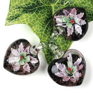 Murano Blumen Glas Perlen Schwarz HERZ Anhänger Heart Flower Pendant