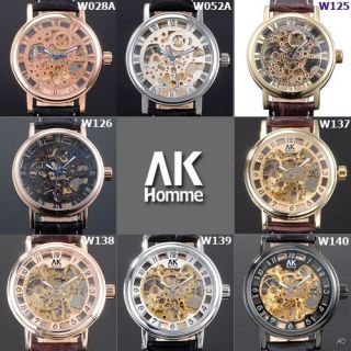 NEU AK HOMME Luxus Skelett Uhr Herrenuhr Mechanische Leder Armbanduhr