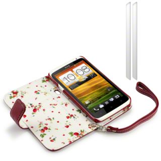 PU Leather Wallet Case for HTC One X + 2 PC LCD Guard / Red, Floral
