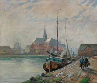 Top Gemälde, Adolph Rheinert 1879 1958, Fischerhafen am Niederrhein