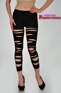 New! Capri Slashed Sexy Cutted Ripped Black Fashion Leggings One size