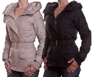Winterjacke Stepp Jacke Damen beige schwarz Kapuze Mantel S M L XL 36