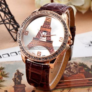 Farben Kristall Quarzuhr Damen Uhr Eiffelturm Leder Armbanruhr