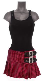 Hell Bunny Fulham Houndstooth Punk Mini Skirt Buckles Rock Pink Black