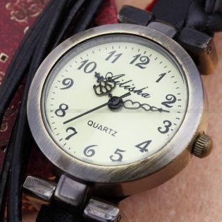 Elegante Damenuhr Fashion Armreif Quarz Uhr Leder Schwarz Armbanduhr