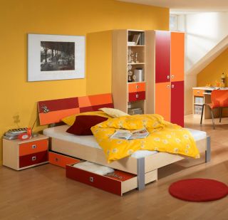 NEU* Jugendzimmer Jugendbett Kinderbett Ahorn   orange   rot 90cm