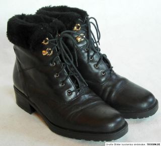 Vintage Leder Lace Ups 36 Schwarz Stiefel Granny Boots Fell Up