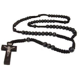 Rosenkranz Halskette mit 59 schwarzen Holzperlen und echtem Holzkreuz