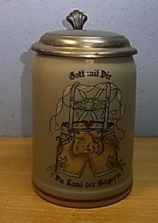 Vintage German Lidded Beer Stein Bavarian Lederhosen #W