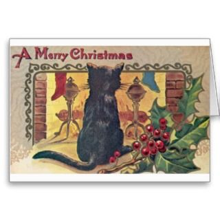 Vintage Black Cat at Fireplace Christmas Card