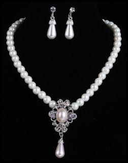 Schmuck Set Perle Kette Perlenkette Ohrringe Strass Hochzeit Tracht