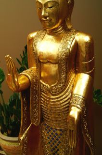 HOLZ BUDDHA SKULPTUR 172cm 24 KARAT BLATTGOLD GOLD VERGOLDET THAILAND