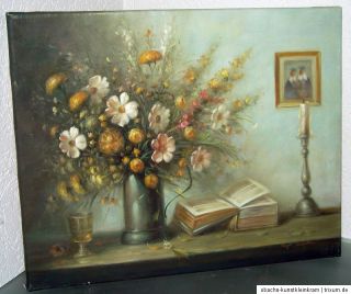 Original Ölgemälde Gemälde Stilleben signiert 40x50 Buch Blumen