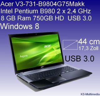 Acer Aspire V3 731 B9804G75Makk 43,9cm Notebook, Intel B980, 8GB Ram