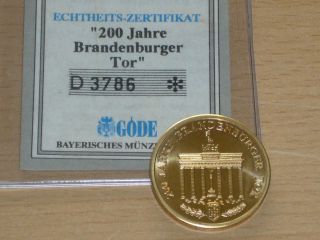 Medaille 200 Jahre Brandenburger Tor Berlin vergoldet PP Deutschland