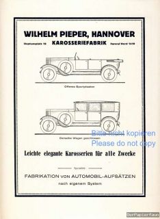 Karosseriefabrik Pieper Hannover Orig. Reklame 1924 Karosserie Werbung