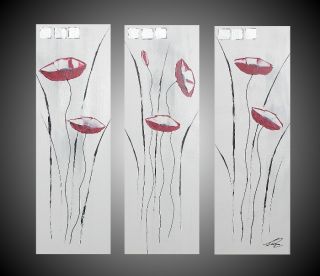 60*60 Moderne Acrylbilder Abstrakt Art Deco Rote Mohnblumen Weiß