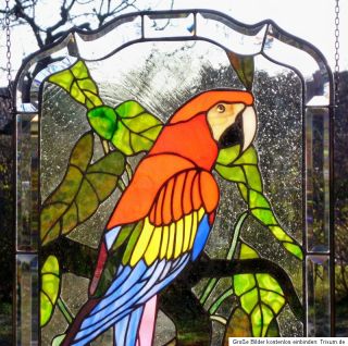 Bleiverglasung, Fensterbild, hellroter Ara, Papagei in Tiffany (Kupfer