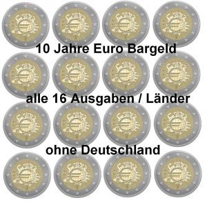 Set alle 16 Stück Gedenkmünzen 2 Euro 10 Jahre Bargeld 2012 ohne BRD