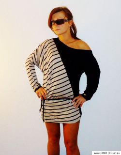 Asymmetrisches Kleid Pullover Top + Gürtel schwarz braun gestreift Gr