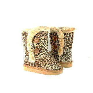 New Toddler Youth Girls Tan Brown Leopard Suede Boots feat Faux Fur