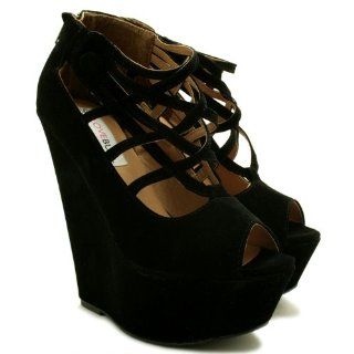 Style Wedge Heel Platform Strappy Shoe Sandals Black US Sz 7: Shoes