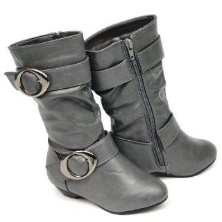  Girls Low Heel Ruched Mid Calf Riding Boots PU Gray , 3: Shoes