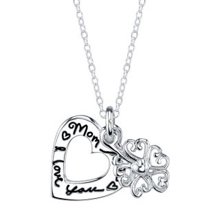 Sterling Silver Mom I Love You 2 piece Heart and Flower Necklace