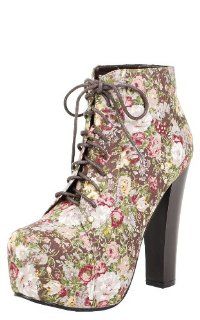 Victoria1 Lace Up Floral Booties BROWN Shoes