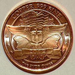 oz 999 Pure Copper Bullion 2012 Quarter Design Coin
