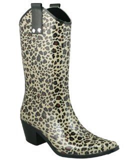 New York Shiny Baby Leopard Cowboy Ladies Rubber Rain Boot: Shoes