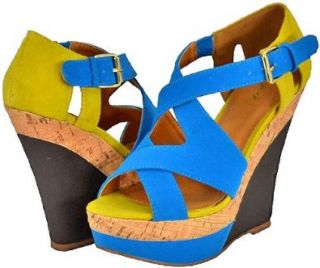 Qupid Finder 52 Turquoise Women Wedge Sandals Shoes